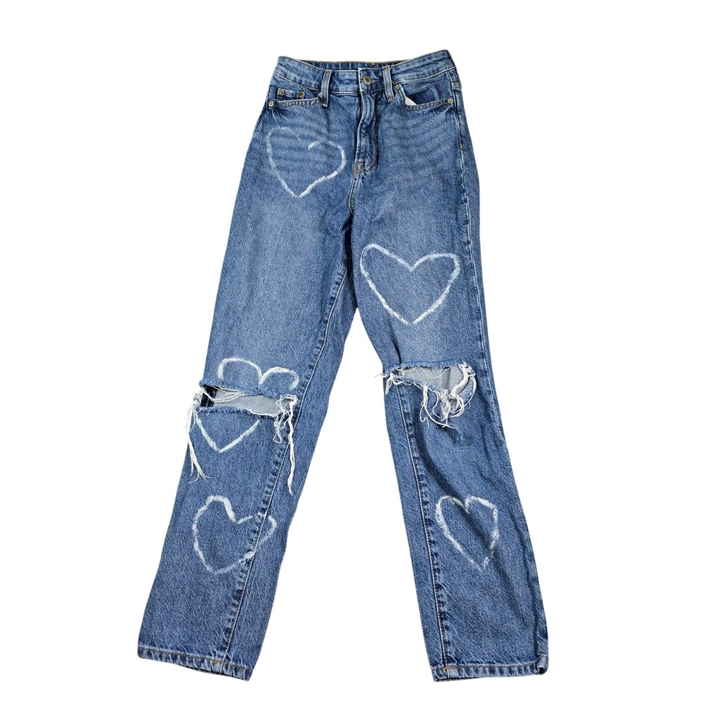 H&M Denim Mom Jeans Womens 2 Blue Heart‎ Print Distressed Ultra High Waist